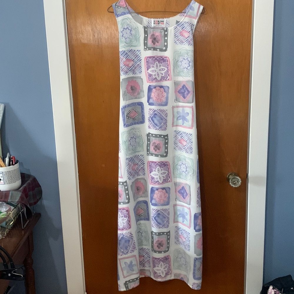 Vintage Slip Dress Tie Back Pastel Floral pink purple white Maxi made in USA M - Picture 2 of 6